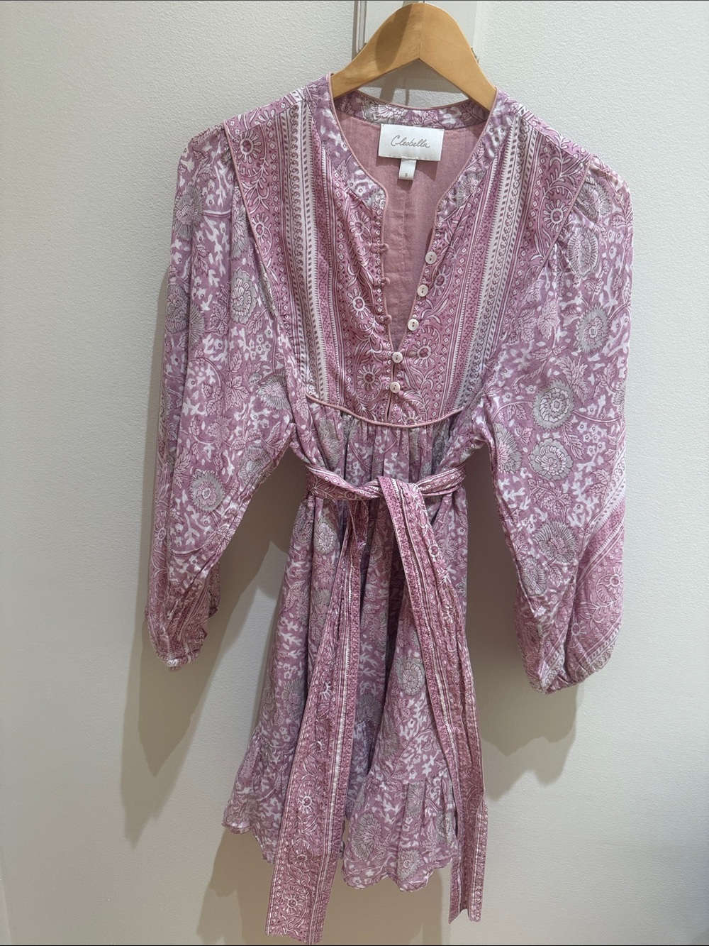 Cleobella Mauve-Pink Boho Floral Tie-Waist Dress
